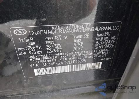 2020 Hyundai Santa Fe Sel из США, поврежденный, VIN 5NMS33AD2LH145225